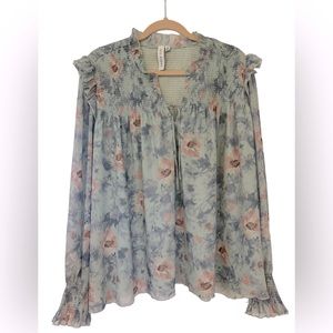 GRACE & KARMA Smocked Babydoll Light Blue and Pink Long Sleeve Blouse Size 2X